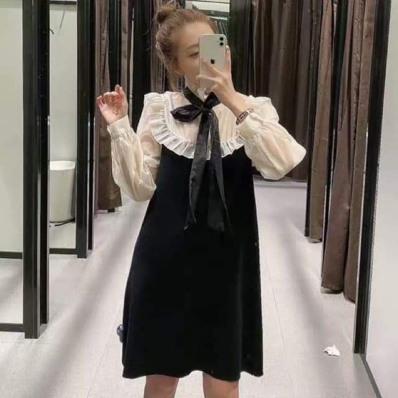 Váy đen nơ trắng pha tay dành cho nữ