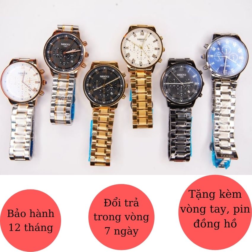 Đồng Hồ Nam Chính Hãng Nibosi Chạy 6 Kim, Dây Thép Inox Đúc Đặc, Mặt Đá Shaphia Chống Trầy, Chống Nước 3ATM