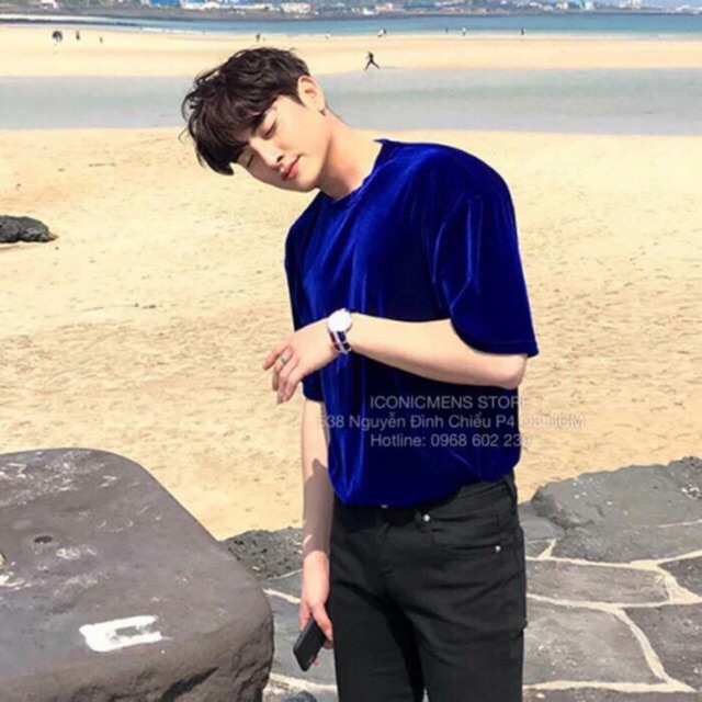 Áo thun nhung form rộng , tay lỡ ,màu xanh cobalt