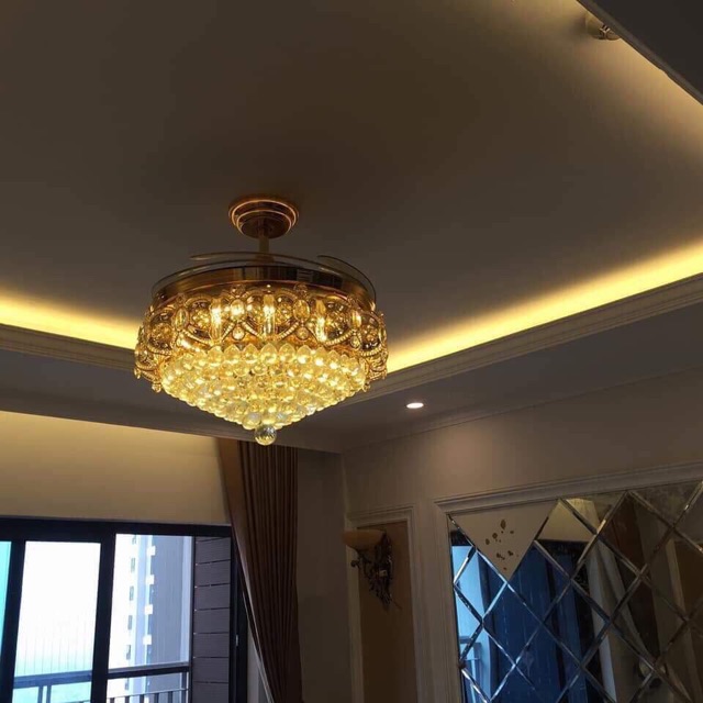 Quạt Trần Đèn  Chùm Pha Lê 900- Điều Khiển Từ Xa