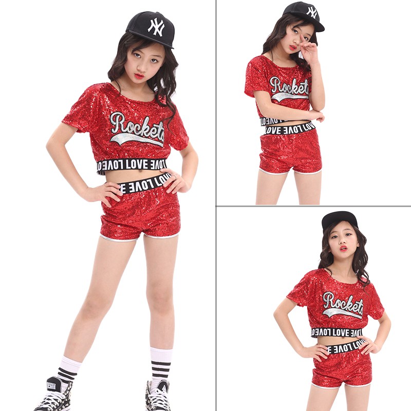 Kids Street Dance Wear Girls Performance Sequins Modern Hip Hop Clothes