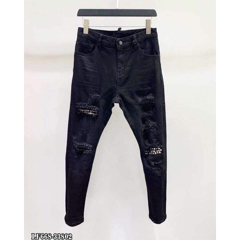 Quần Jean Côn Nam Rách Phối Tag Đá Sắt Đen Bạc Cực Đỉnh