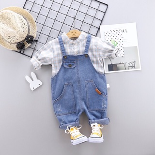 Set áo sơ mi kẻ caro yếm jean bé trai