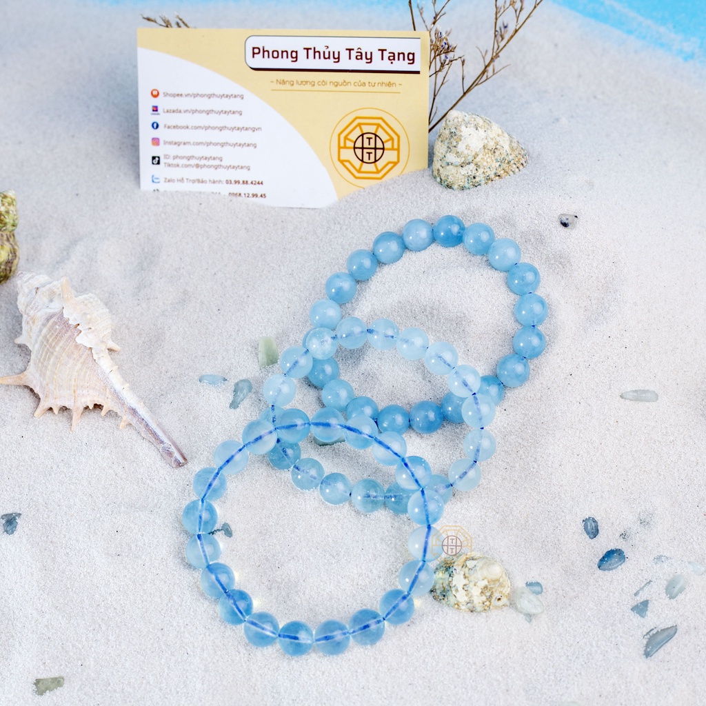 Vòng tay phong thủy Aquamariine  Xanh dương tự nhiên [TẶNG HỘP GỖ] cho nữ mệnh Thủy - Mộc - Phong Thủy Tây Tạng