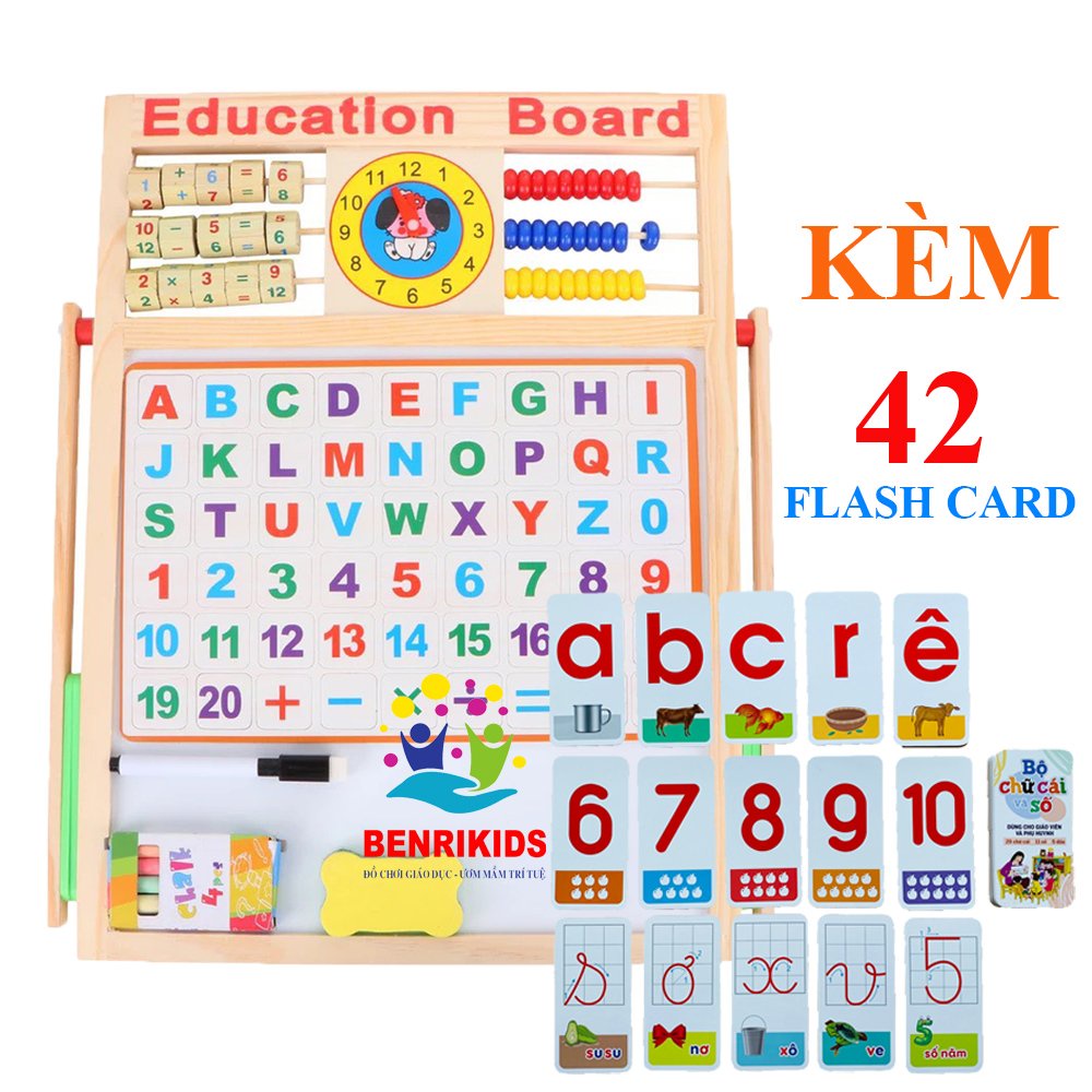 Đồ Chơi Giáo Dục Montessori Bảng Gỗ Nam Châm 2 Mặt Benrikids Tặng 42 Thẻ Học Flash Card Chữ Cái Và Số Đếm Cho Bé