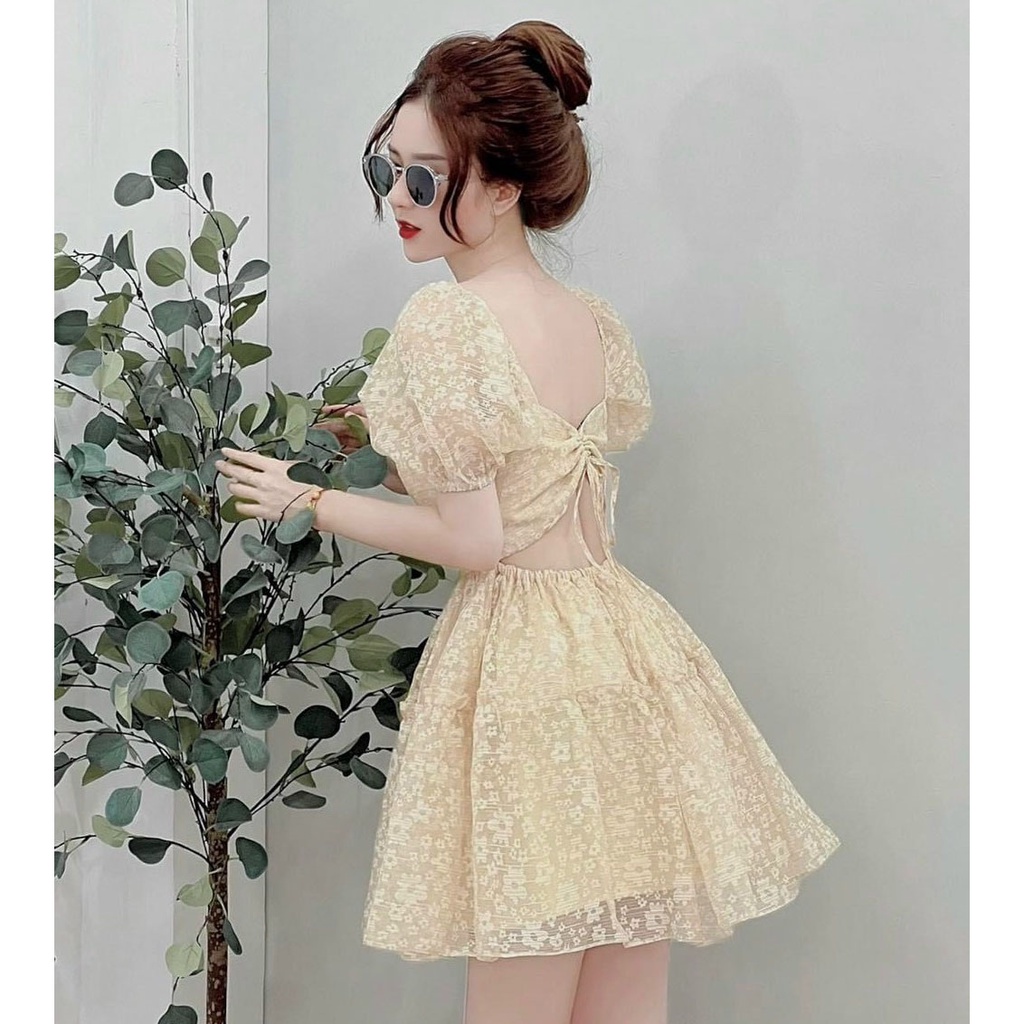 [HCM] Đầm Nữ Ren Hoa Cổ Chử U Tay Phồng Thời Trang Nữ Sam Closet Free Size 40-55kg