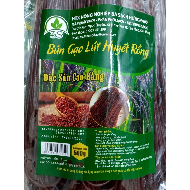 Bún gạo lứt huyết rồng túi 500g đặc sản Cao Bằng, date 9/2022 sản phẩm của HTX Nông nghiệp Ba Sạch Hưng Đạo