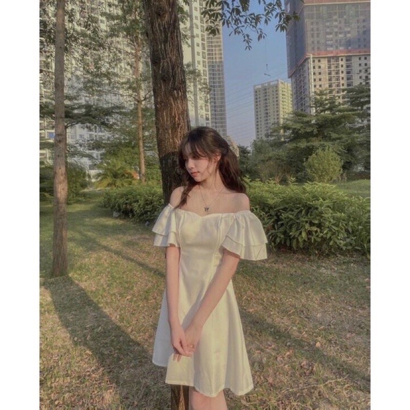 Váy Baby Doll Màu Trắng Khoá lưng Bèo Vai, Đầm Nữ Trắng tiểu Thư,sang choảnh