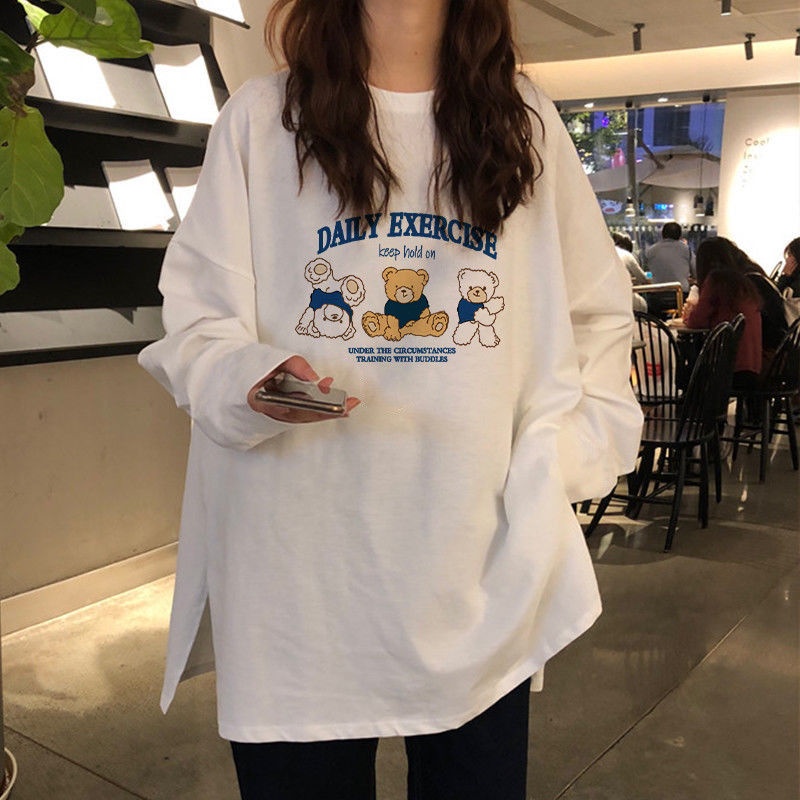 Áo Thun Cotton Tay Dài Dáng Rộng Màu Trắng Phong Cách Hàn Quốc Thời Trang Cho Nữ