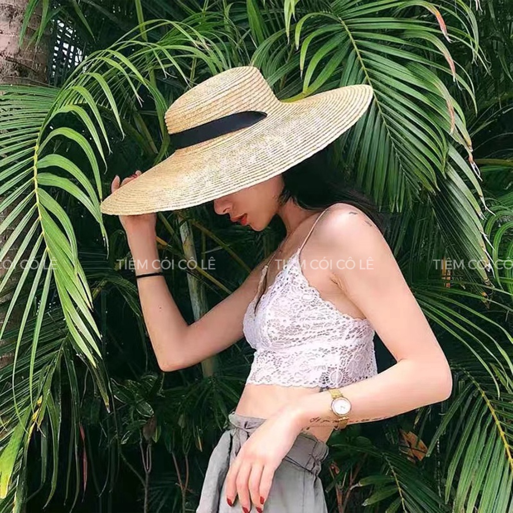 Mũ cói đi biển, nón vành rộng 15cm phối ruy băng đen siêu sang chảnh - Tiệm Cói Cô Lê