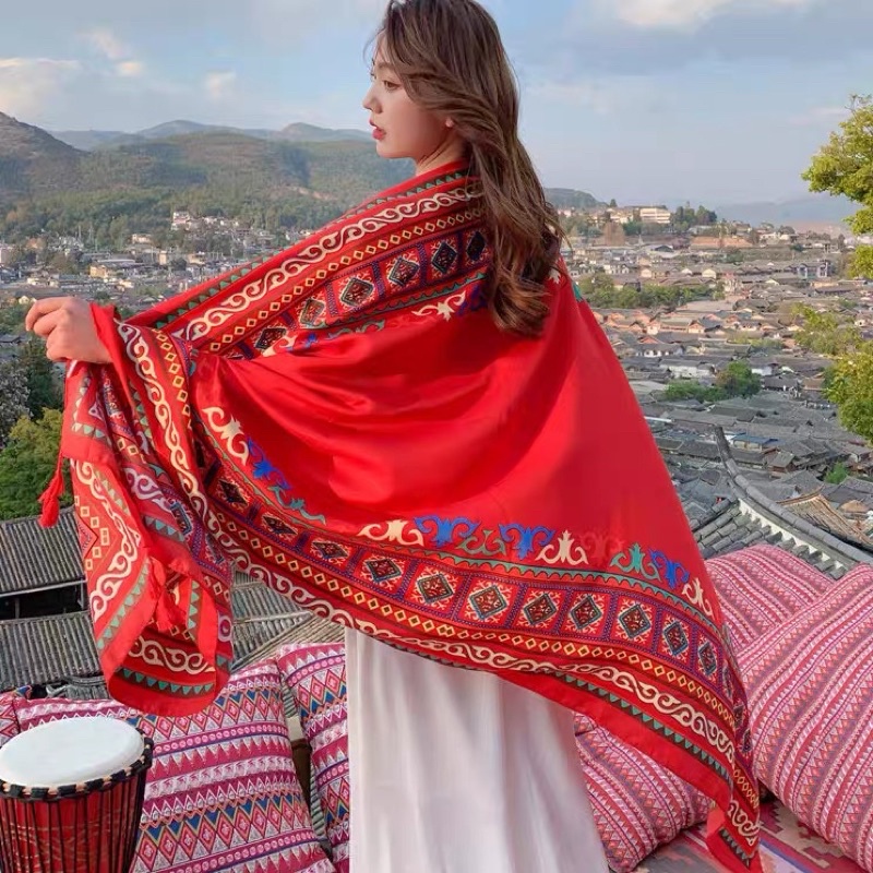 [Khăn Loại 1] Khăn Choàng Boho Đi Biển Hoạ Tiết Thổ Cẩm Nền Đỏ Rực Rỡ