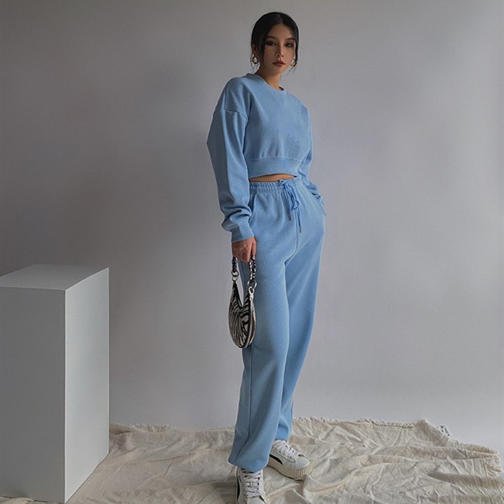 [KÈM VIDEO] Bộ Quần Áo Nữ Cổ Tròn Dài Tay Croptop Quần Dài Nỉ Tàu Cao Cấp Trơn Basic Thời Trang Sugal QA NU 017