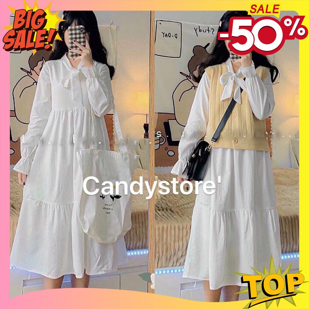 Đầm nữ  🦋 thắt nơ ngực váy trắng và đen đầm dự tiệc đi chơi du lịch váy dài mix kèm áo len gile áo khoác hay cadigant | BigBuy360 - bigbuy360.vn
