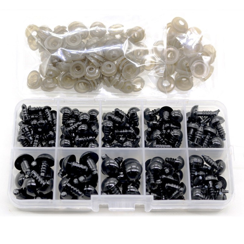 Set 100 mắt nhựa mềm 6-12mm màu đen làm thú nhồi bông