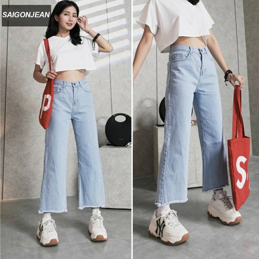 Quần baggy jeans nữ SAIGONJEAN ống rộng,trơn,tua lai,màu trắng bạc QD014 – quần bò nữ ulzzang