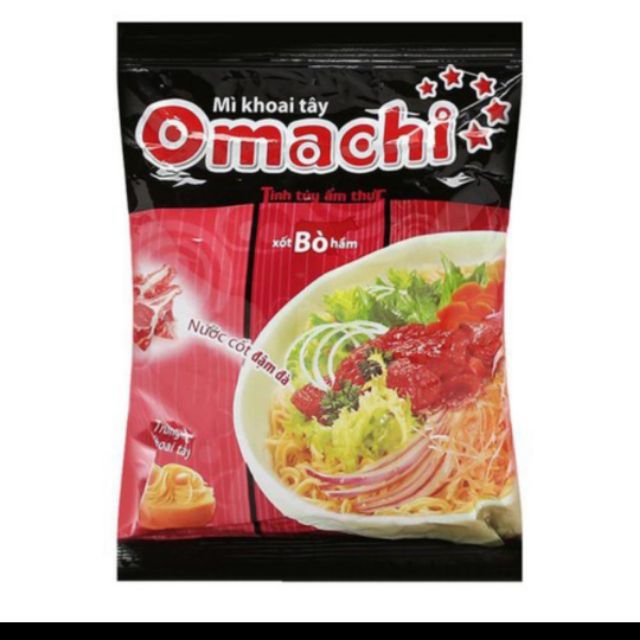 MÌ GÓI OMACHI 3 VỊ BÒ HẦM, TÔM 5 SAO, SƯỜN NGŨ QUẢ 80G