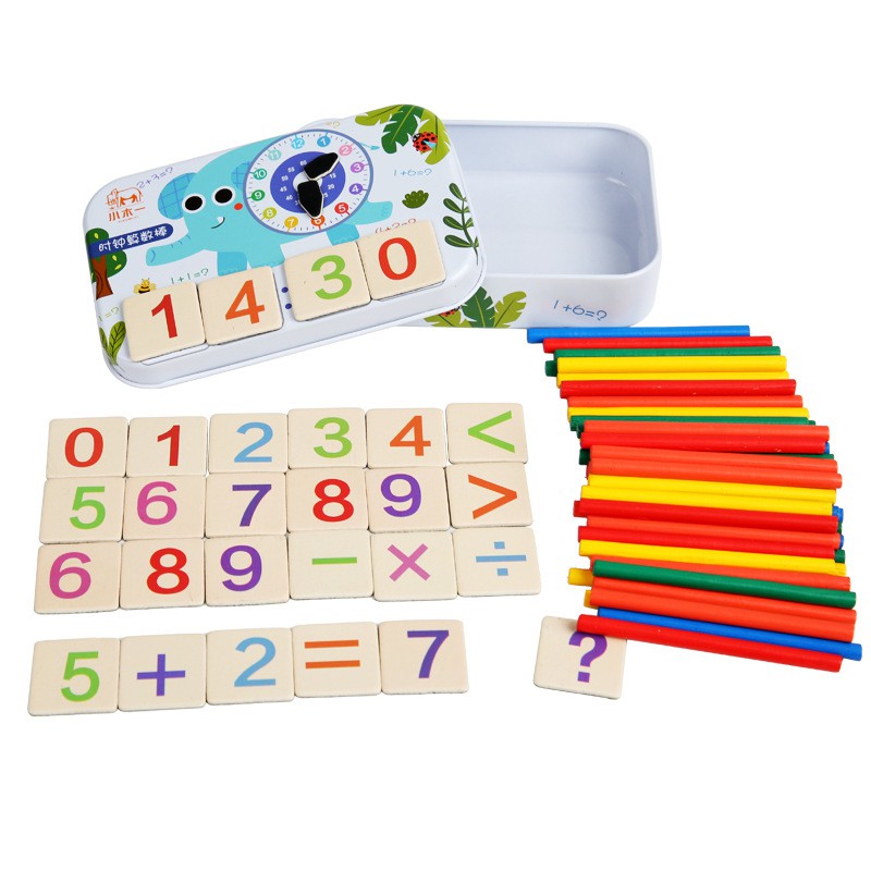 Đồ chơi giáo dục Bộ que tính gỗ thông học toán an toàn hộp sắt hình chú voi cho trẻ em làm quen toán học XutoShop