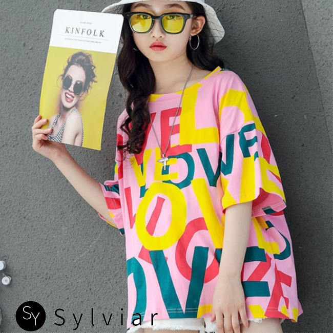 Áo thun tay ngắn cổ tròn dáng rộng in chữ thời trang cho bé gái 4-10 tuổi