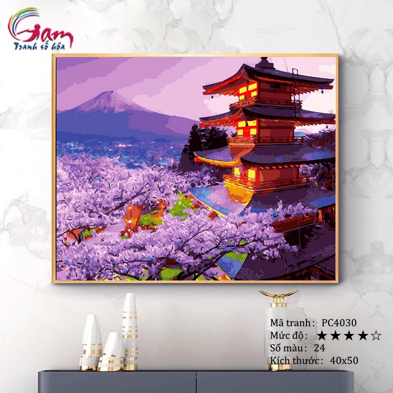 Tranh sơn dầu số hoá Gam Phong cảnh hoa anh đào Nhật Bản có căng khung 40x50cm PC4030