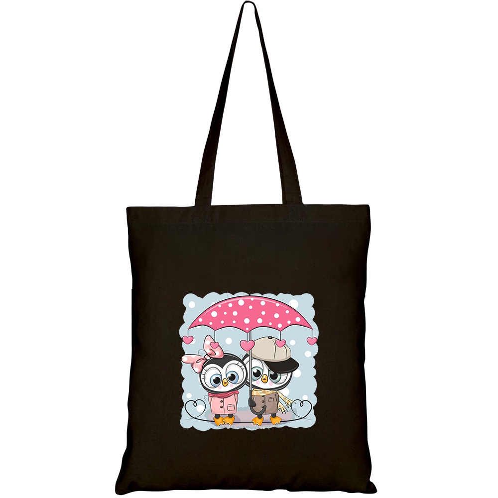 Túi vải tote canvas HTFashion in hình two cute cartoon penguins umbrella HT460