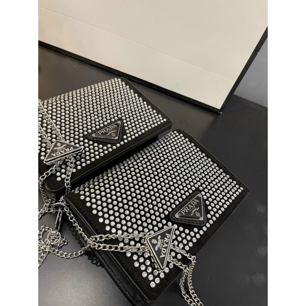 Túi P.R.A.D.A Mini Đính Đá, Túi Nữ Đeo Chéo Size 13cm