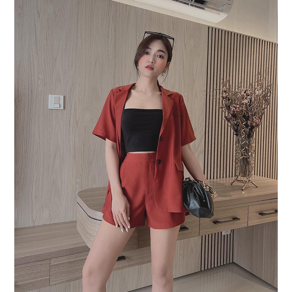 Sét bộ vest nữ Basic tay ngắn phối quần short sang chảnh quý phái dạo phố, dự tiệc, công sở.