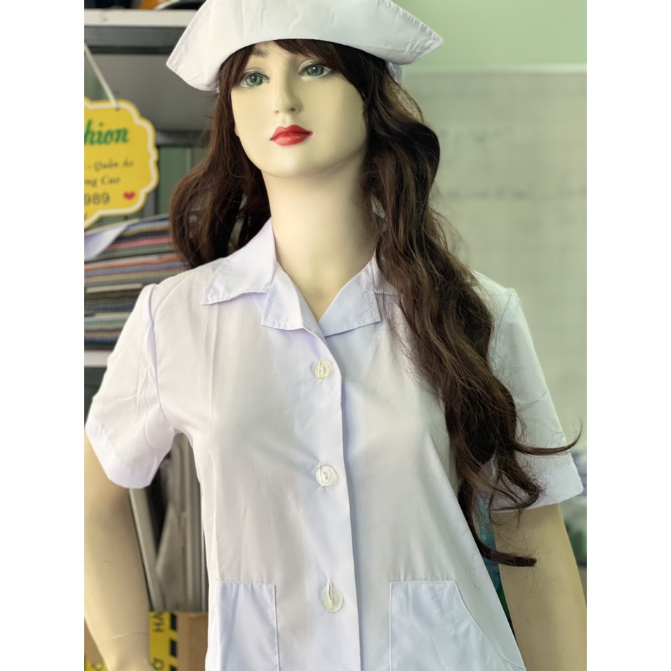 Combo 5 Áo Blouse Trắng Nữ Điều Dưỡng Ngắn Tay - Áo Bác Sĩ, Dược Sĩ Tặng 10 Set Khẩu Trang KF94