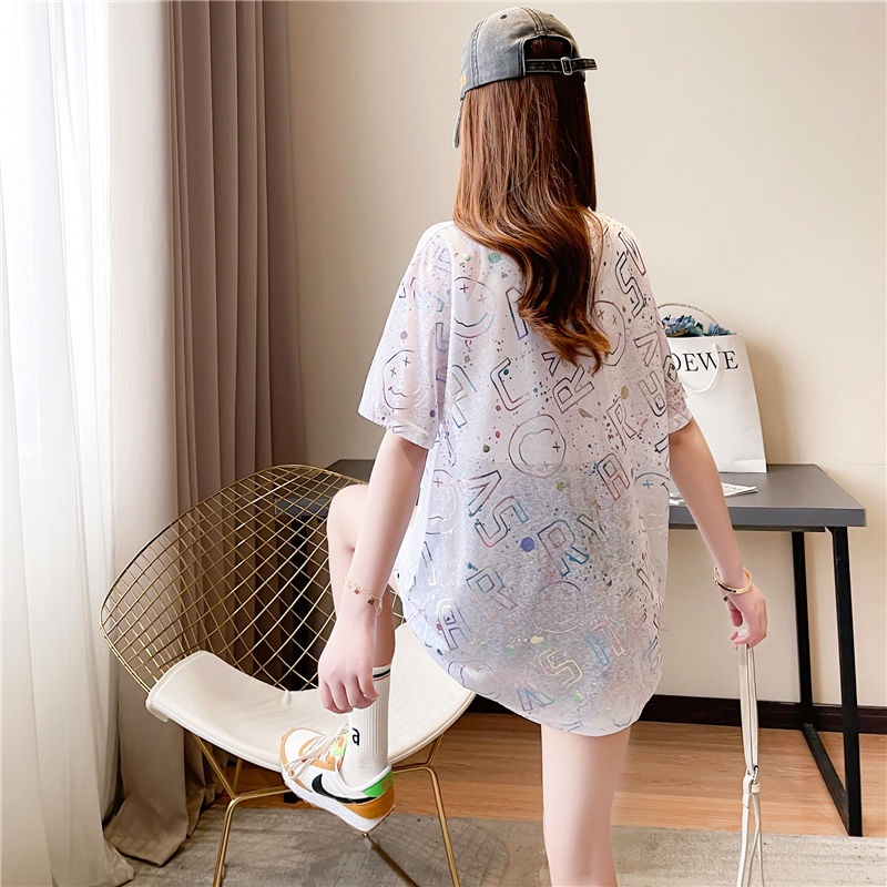 Áo thun nữ tay ngắn cổ tròn rộng rãi kiểu dáng dài vừa mỏng nhẹ phiên bản Hàn Quốc mùa hè