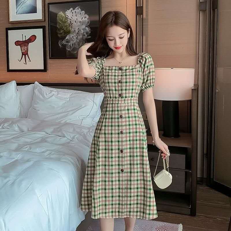 Đầm Tay Phồng Họa Tiết Sọc Caro Thời Trang Pháp Cho Nữ