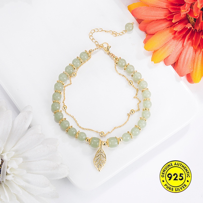 Vòng Tay Chuỗi Đôi Phối Đá Ngọc Bích Thiết Kế Cao Cấp Không Thấm Nước Phong Cách Retro Thanh Lịch