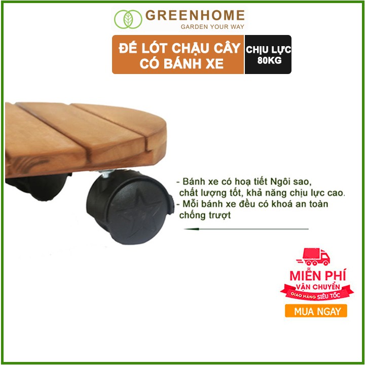 Đế lót chậu cây có bánh xe, hình tròn, màu nâu, bằng gỗ, chịu lực 80kg, R30xC8cm |Greenhome