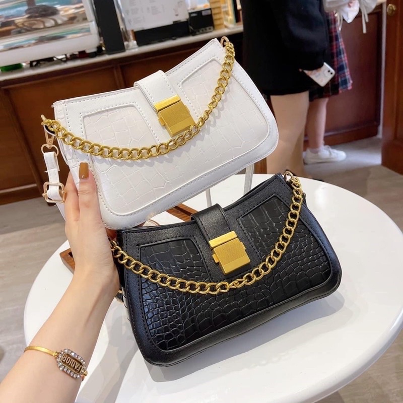 Túi Kẹp Nách Nữ Khoá Vuông, Túi Xách Nữ Đeo Chéo Vân Rắn