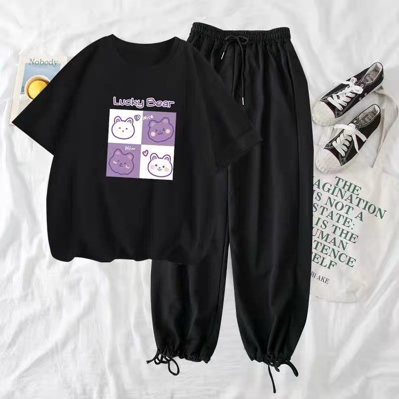 Sét Áo Lucky + quần bom chun, Áo thun from rộng, Chất đẹp không xù, quần suông ống rộng, Sét bộ mặc ở nhà - MODY