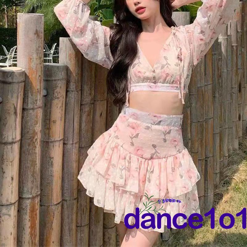 dance1o1-Women Summer Long Sleeve Deep V Neck Floral Crop Tops + Mini Skirt Set