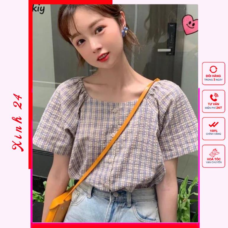 Áo Kiểu Nữ Cổ Vuông Sọc Caro trẻ trung xinh xắn, phong cách Hàn Quốc | BigBuy360 - bigbuy360.vn