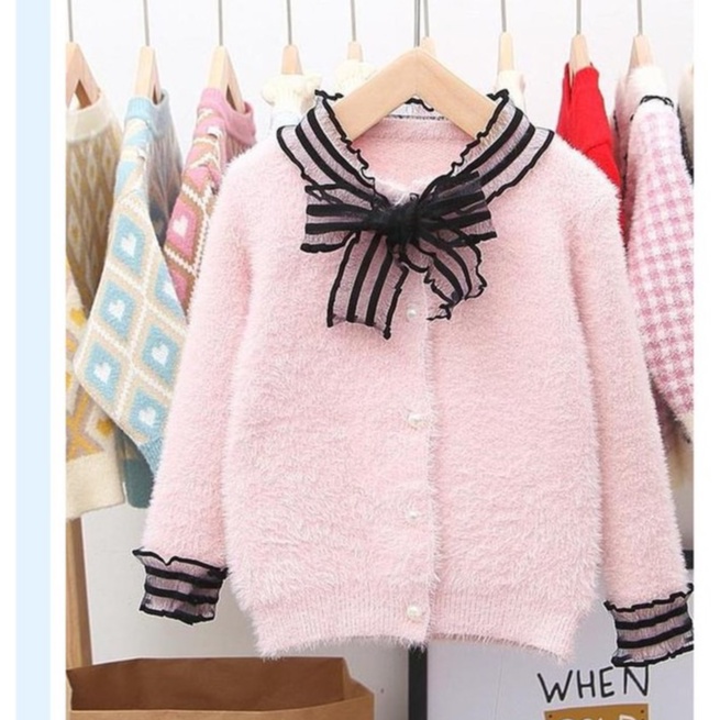 Áo khoác len cài cúc cổ nơ ren siêu xinh bé gái size 8-18kg (HÀNG QCCC) AL34