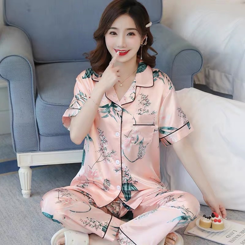 Đồ bộ Pizama lụa họa tiết lá Tay Ngắn dễ thương - Y22