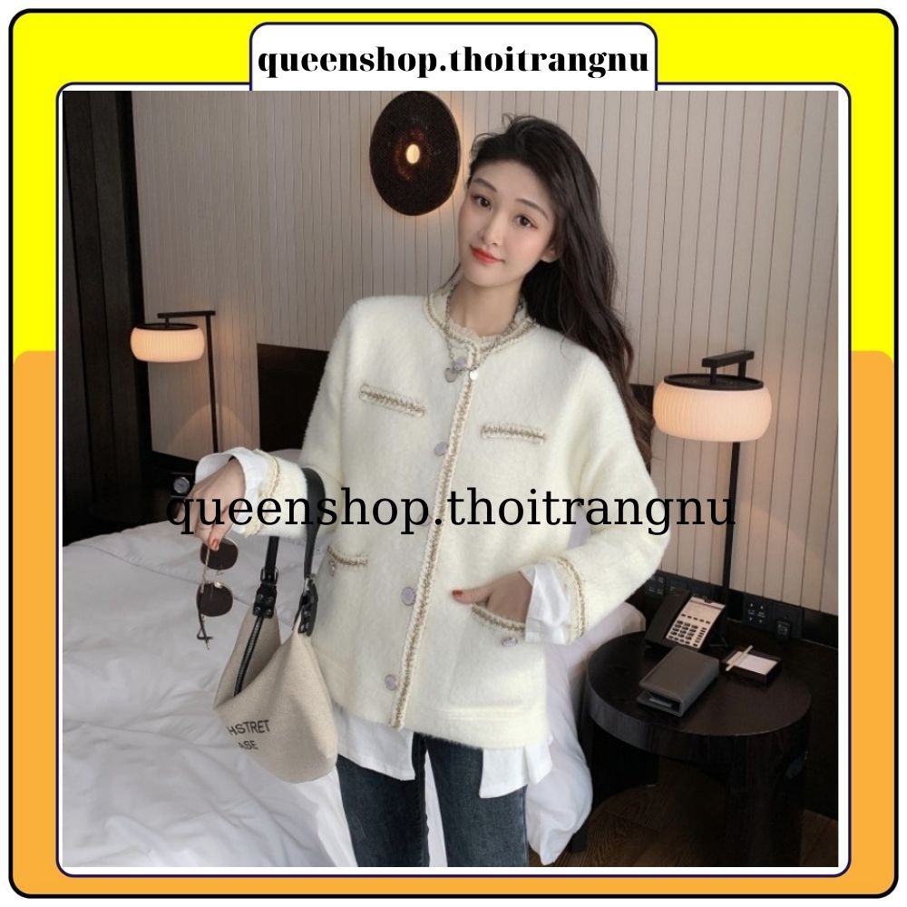 Áo khoác dạ lông thỏ , áo cadigan dạ phối bèo chất mềm mịn hàng quảng châu Queenshop