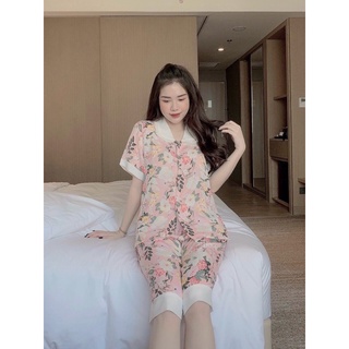 Pijama Tay Ngắn Quần Lửng Lụa Mango Cổ Bèo Tiểu Thư