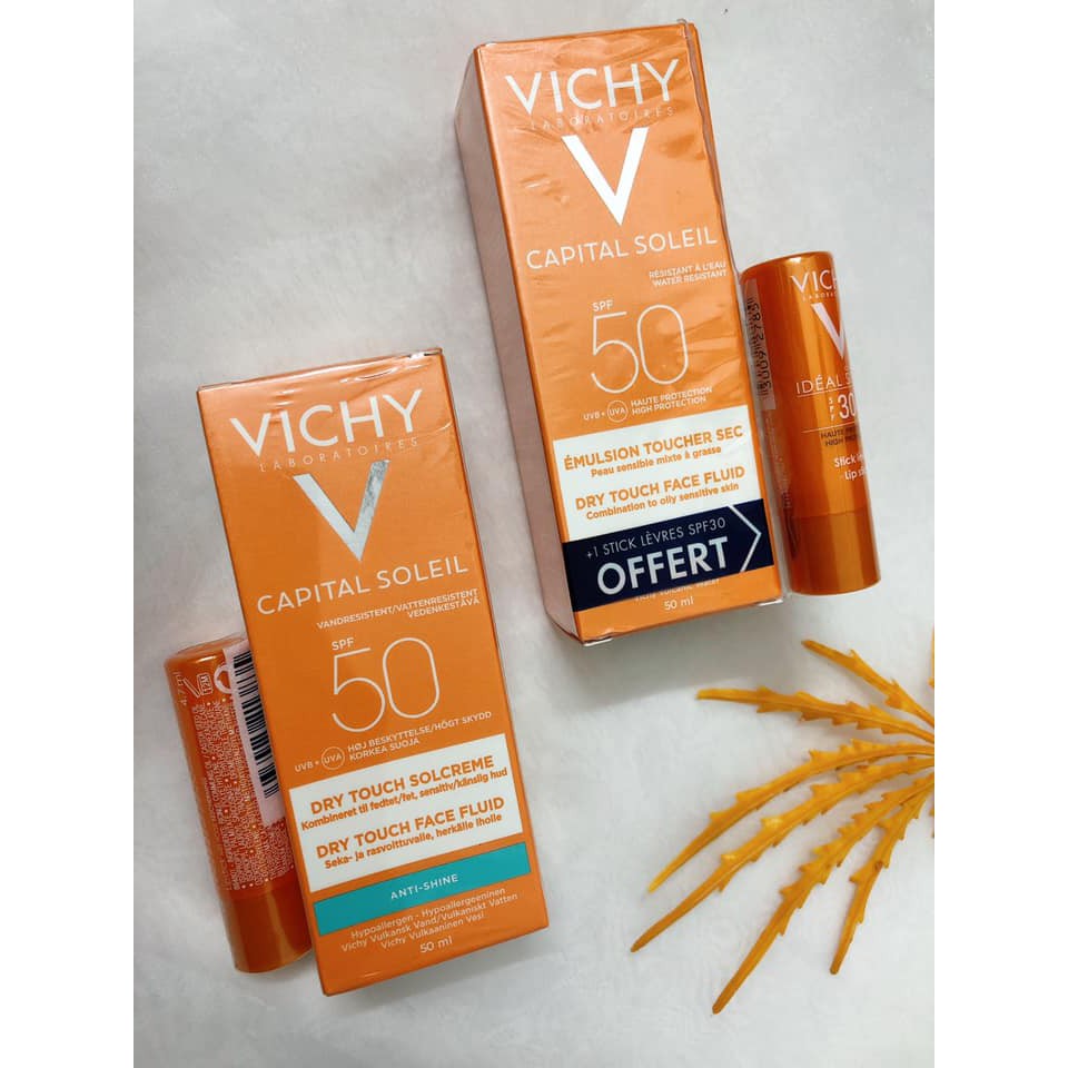 Set kem chống nắng Vichy emulsion spf 50 tặng kèm son dưỡng có chỉ số chống nắng spf 30