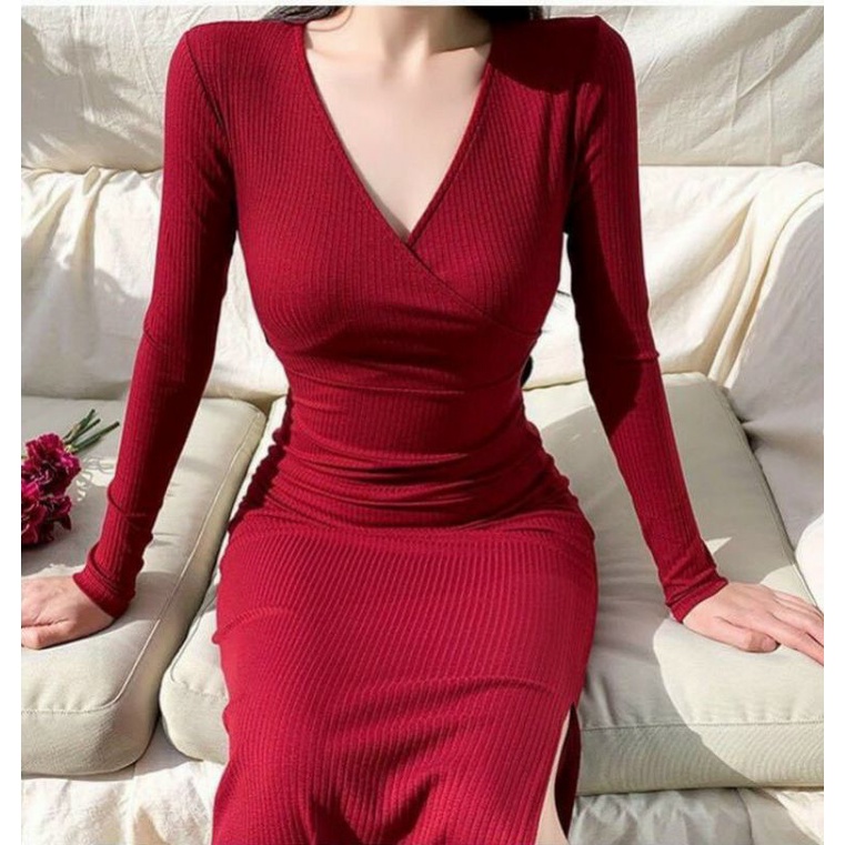 Đầm Body Nữ/ Váy Ôm Đỏ Cổ Đắp Tay Dài Dáng Dài Xẻ 1 Bên