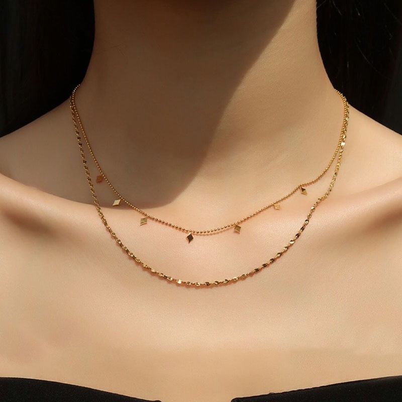 Dây Chuyền Hai Lớp Bằng Thép Titan Mạ Vàng 18k Đính Kim Sa Lấp Lánh Thời Trang