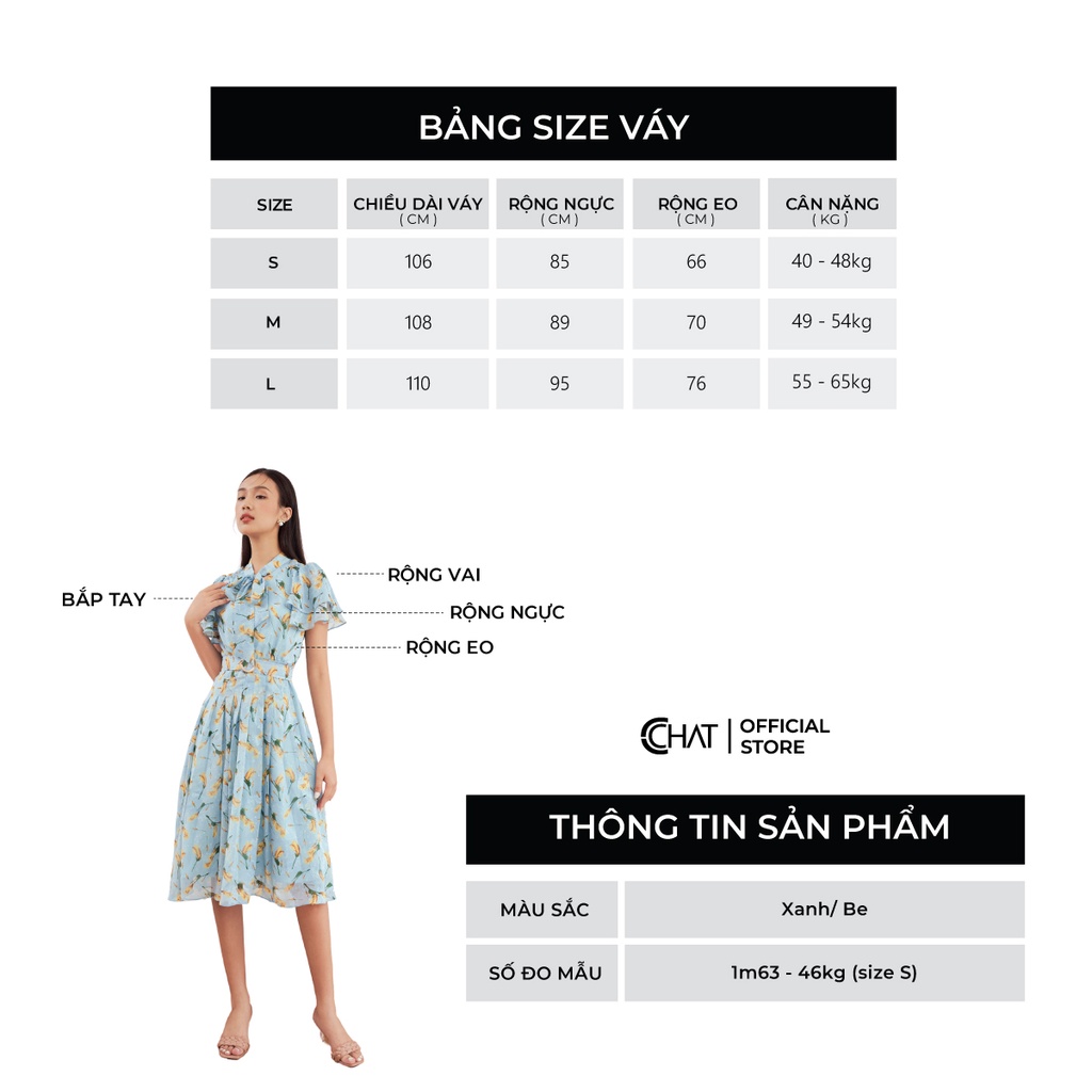Đầm Nữ 𝐂𝐂𝐇𝐀𝐓 Họa Tiết Cổ Nơ Tay Xòe 2 Lớp Chất Voan Phong Cách Trẻ Trung Thanh Lịch 12VNV5002XT