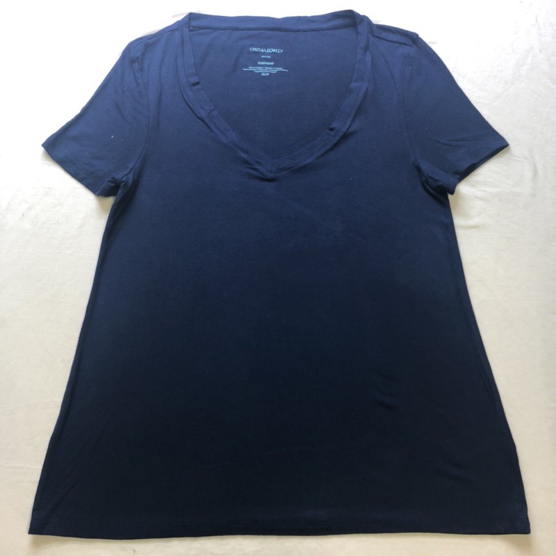 Áo Thun Ngủ Nữ Cynthia Rowley Cotton Lụa Xanh Navy Cổ Tim Tay Ngắn - Size XS