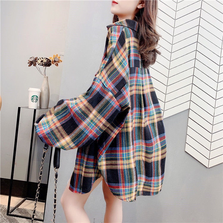 Áo sơ mi caro tay dài dáng rộng thiết kế mới phong cách retro Hàn Quốc
