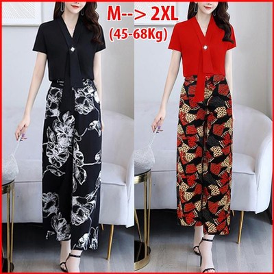 GOTI – Hình Thật – Set Nguyên Bộ Kiểu Áo Cổ Tim Đính Phụ Kiện Quần Ống Suông In Hoạ Tiết  - Thời Trang Công Sở Nữ 3289