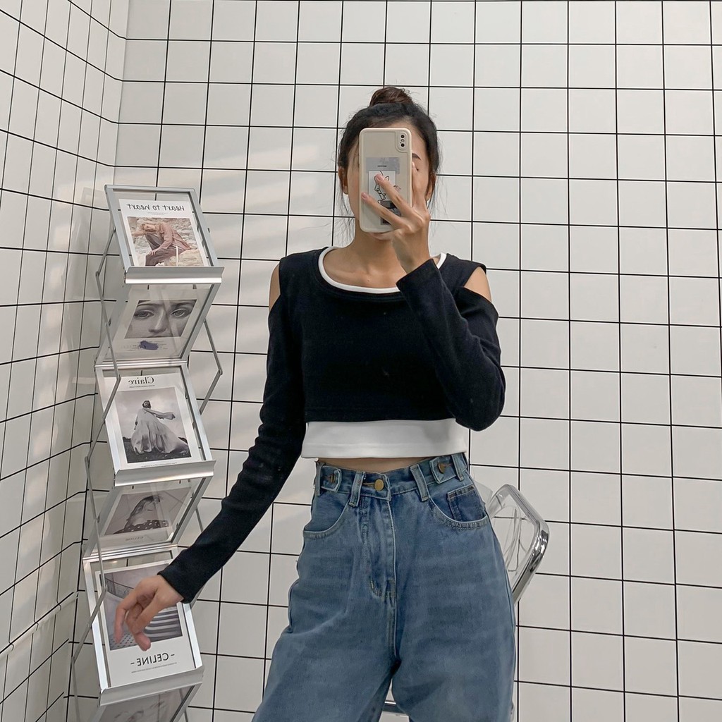 Áo Croptop Nữ Dài Tay Phối Layer DAILY Vải Thun Gân Form Ôm - Tuni Store