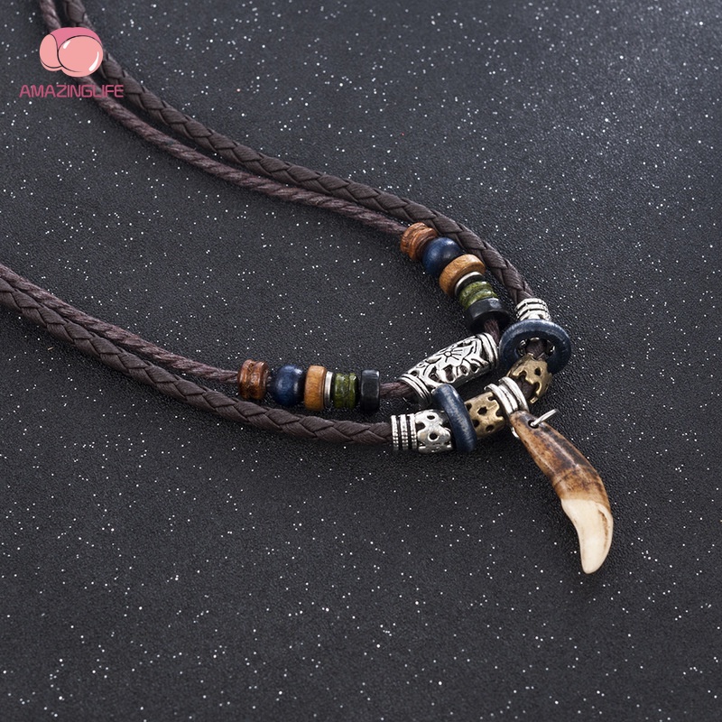 Vòng cổ Da PU Nhiều Lớp Mặt Răng Sói Phong Cách Bohemian Thời Trang