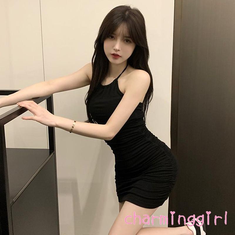 Đầm Mini Hở Lưng Cổ Yếm Màu Trơn Thời Trang Cho Nữ