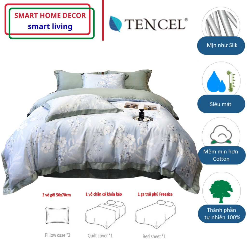 Bộ chăn ga gối cao cấp 100%Tencel 100s Họa tiết hoa phong lan trắng in Digital, chất liệu siêu mềm mát